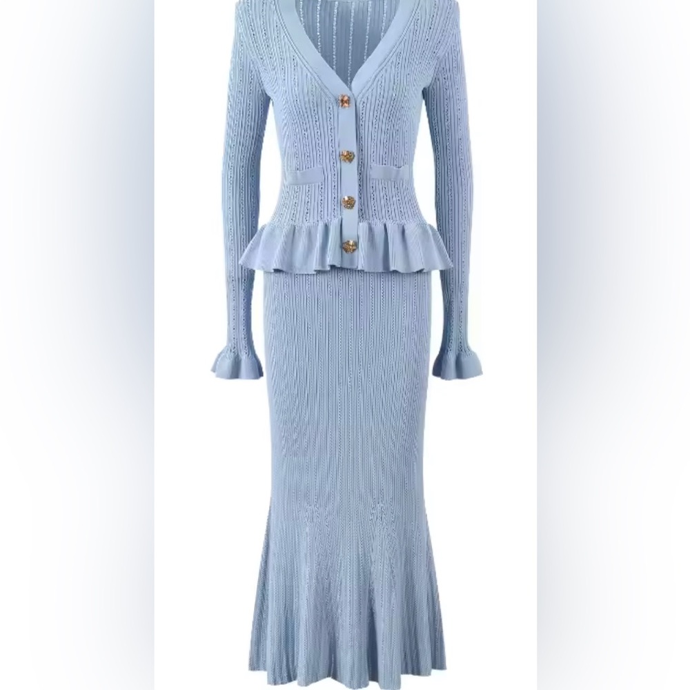 Self Portrait Pointelle Knit Peplum Midi Dress in Blue